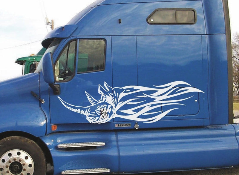 Rhino animal flames vinyl graphics on blue semi trailer